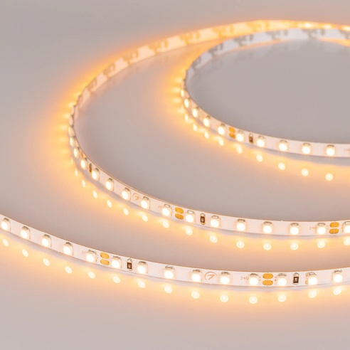 Лента светодиодная RT-A120-5mm 24V Yellow (9.6 W/m, IP20, 2835, 5m) (Arlight, узкая)