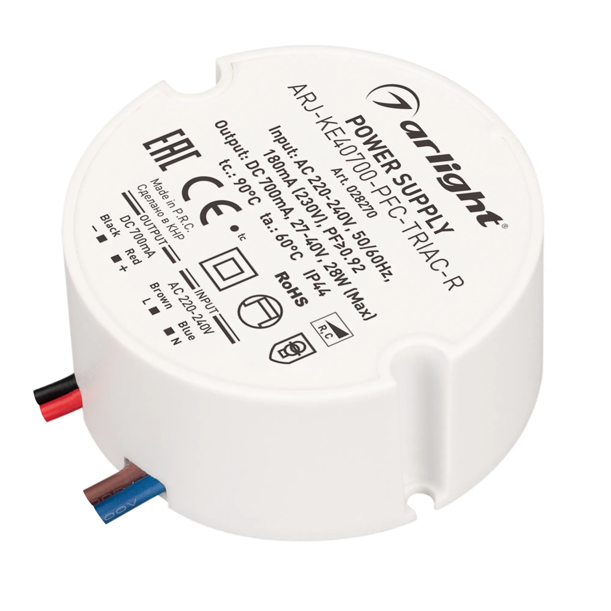 Блок питания ARJ-KE40700-PFC-TRIAC-R (28W, 700mA) (Arlight, IP44 Пластик, 5 лет) - изображение товара