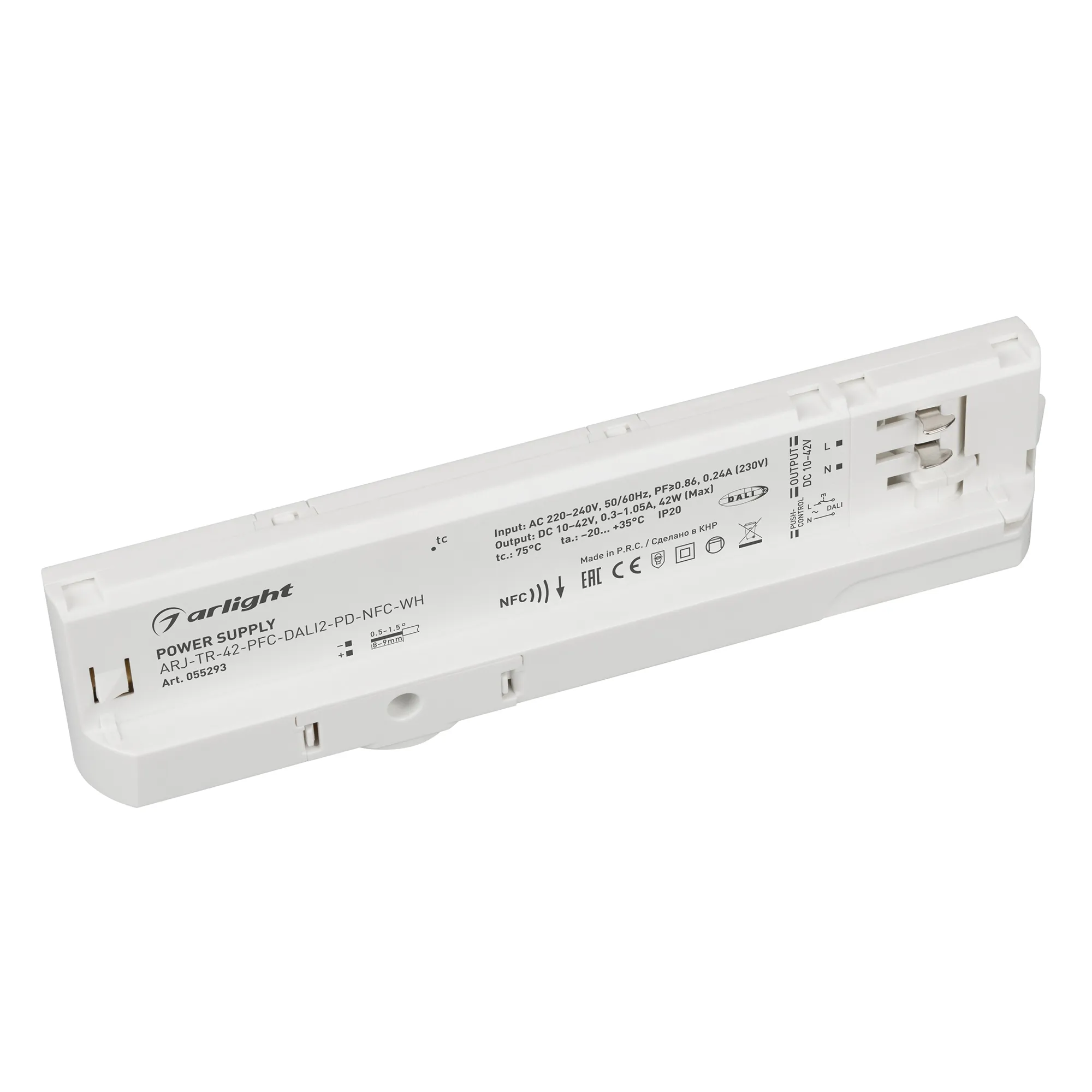 Блок питания для трековых систем ARJ-TR-42-PFC-DALI2-PD-NFC-WH (42W, 10-42V, 0.3-1.05 A, 4TR) (Arlight, IP20 Пластик, 5 лет) - изображение товара
