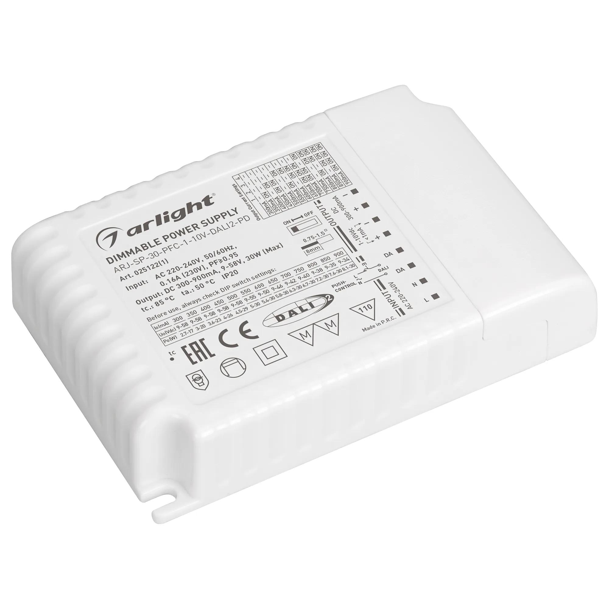 Блок питания ARJ-SP-30-PFC-1-10V-DALI2-PD (30W, 300-900mA) (Arlight, IP20 Пластик, 5 лет) - изображение товара